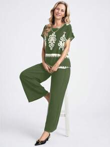 Miaspire Ladies' Spring/Summer Bohemian-Style Printed Top & Casual Solid Color Pants Set, Suitable For Beach Vacations - Army Green - View 3