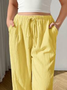 SHEIN PETITE CURVE Casual Yellow Woven Fabric Long Straight Leg Pants With Comfortable Fit And Pockets Women Wide Leg Pants Palazzo Pants Women