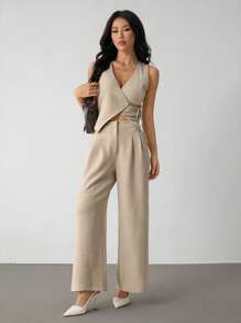 SHEIN PETITE Bộ vest và quần dài màu trơn dành cho nữ, thời trang cho mùa hè và mùa thu/đông - Màu be - Xem 3