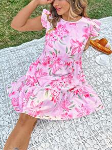 SHEIN VCAY Plus Size Women Floral Print Round Neck Cap Sleeves Casual Dress Graduation Dress Sun Dress Summer Outfits For Women Easter Outfit Women Festival Rave Bohemia Graduation Wedding Guest Dress Women Vacation Boho Festival Outfits Country Concert Outfit Brunch Outfits For Women Easter Outfit Curve - Multicolor - View 1