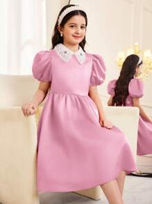 SHEIN Vestido evasé de niña preadolescente con manga abullonada, cuello de contraste y estampado floral