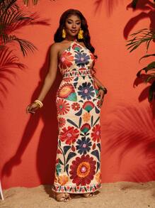 Veslaya 新款度假风休闲抽象渐变几何印花无袖开衩连衣裙，橙色，百搭日常装 - 彩色 - 查看 4