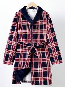 SHEIN Tween Boys' Plaid Belted Homewear
