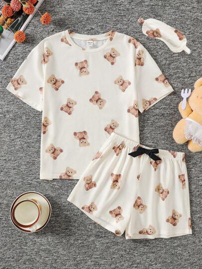 SHEIN Tween Girls Cute Pattern Short Sleeve T-Shirt With 3D Bow Decor Shorts And Eye Mask Casual Pajama Set