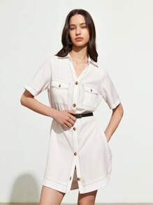 SHEIN Unity 女式牛仔效果缝线短袖迷你连衣裙 - 白色 - 查看 2