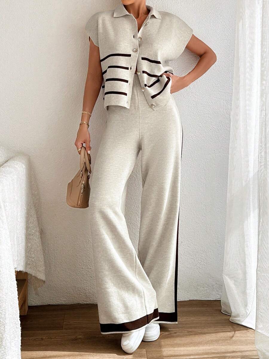 EURMUSE Stripe Polo Neck Sweater Co-Ords - Beige - View 1