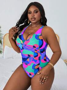 Slaydiva 大码海滩度假彩色印花荷叶边连体泳衣 - 彩色 - 查看 5