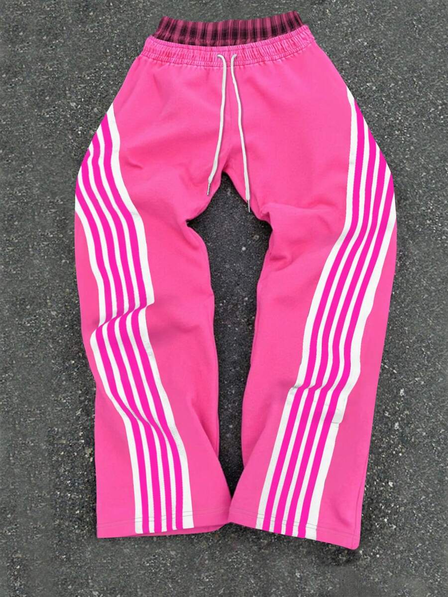 Men's Drawstring Waist Patchwork Plaid Striped Wide Leg Loose Casual Sweatpants - Multicolor - View 1