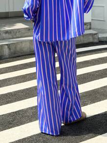 Pantalon rayé décontracté et pratique pour femme - Bleu azur - Voir 2