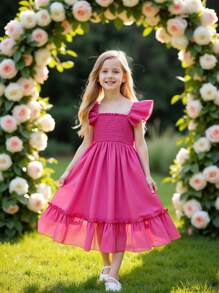 Tween Girl Sleeveless Solid Color Simple Fashion Casual Daily Dress - Hot Pink - View 4
