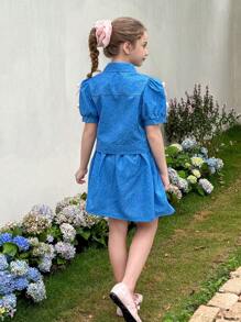 Zestaw dla dziewczynki w kolorze niebieskim, koszula i spódnica plisowana, elegancki strój biurowy z ozdobnym rękawem motylkowym - Niebieski - Zobacz 2