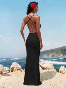Opulessa Women's V-Neck Backless Dress, Textured Knit,Vacation Attire - Black - View 8