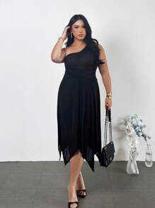 Firerie Plus Size Women Casual Elegant Holiday Beach Date Casual Twisted One Shoulder Sleeveless Asymmetrical Hem Bodycon Dress, Spring/Summer - Black - View 7