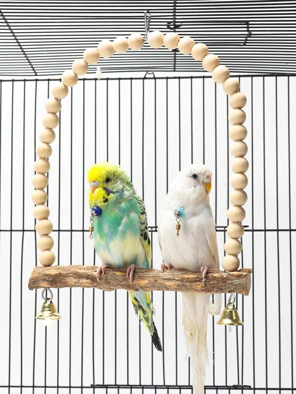 SHEIN 1 Stück Vogelspielzeug aus Sichuanpfeffer-Holz mit Glocke, Schleif-Kralle & Schnabel, Stativstange, Schaukel, Kletterring, Vogelkäfig-Zubehör, das ganze Jahr über verfügbar