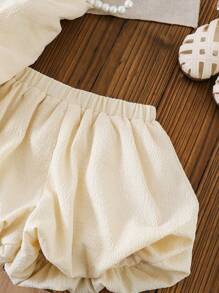 LMoss Kids LMoss  2pcs Baby Girls' Solid Woven Patchwork Bow Decor Sleeveless Top And Shorts Set Cute Matching Outfit