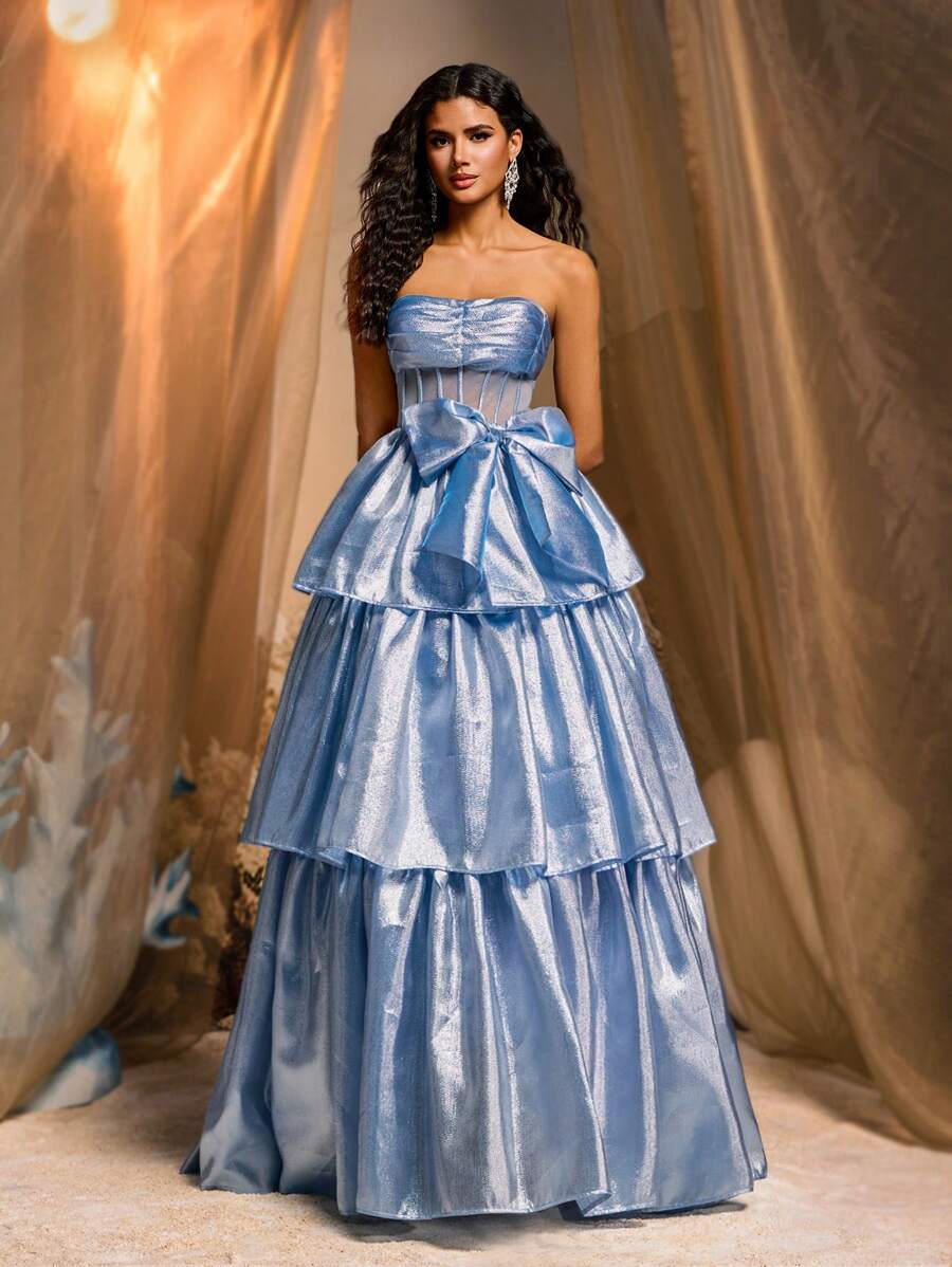 Glamrae 优雅浪漫的浅蓝色手工蝴蝶结多层筒形蛋糕裙，带拖尾，适合约会、单身派对、舞会、酒会、正式场合、晚礼服、婚礼宾客礼服、晚礼服、长袍 - 淺藍色 - 查看 1