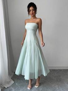 Firerie Vestido midi con volantes, cuello cuadrado y tirantes con drapeado, en color verde claro. Elegante para el Día de San Valentín, boda, cita, vacaciones