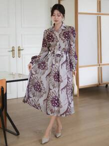 DAZY 女士全印花泡泡袖衬衫半裙套装（2件套），秋季女装度假装 - 棕色 - 查看 4