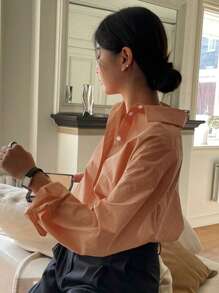 DAZY Women's Solid Color Long Sleeve Single Breasted Casual/Office Shirt - Coral Orange - View 2