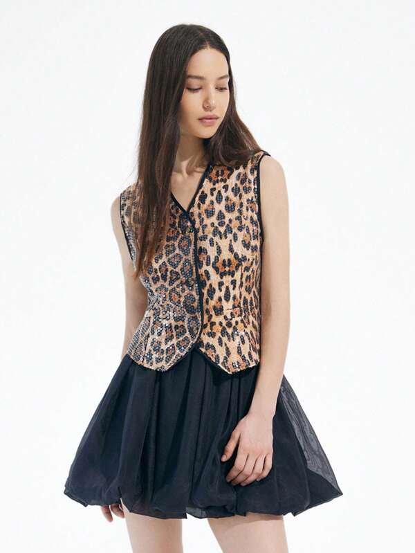 Aveloria Affinna Leopard Sequin Fabric V-Neck Sleeveless Crop Top And Ruffle Hem Skirt 2 Pieces Set, Fashionable, Youthful, Sexy, Versatile For Casual, Nightclub, Party