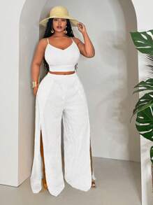 Slaydiva Plus Size Sleeveless Top And Slit Pants Set, Solid Yellow Color, Long Style, Summer Vacation