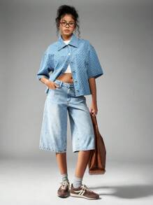 MISSGUIDED Oversized Denim Jacket Y2K Monogram Print Button Down Short Sleeve Crop Top Streetwear Fashion Spring Summer Light Weight Designer Style - Light Wash - View 5