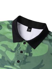 Manfinity Mode 男士迷彩印花短袖 Polo 衫，领口图案彩色 Polo 衫，度假休闲丈夫男士 Camomens Camogreen Polo For Menpolo 衫男士>纽扣 - 綠色 - 查看 5