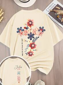 Calvaya Camiseta de moda de manga corta con cuello redondo, estampado floral y letra, talla grande - Albaricoque - Ver 3