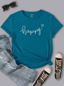 SHEIN LUNE Camiseta casual de manga corta con estampado de corazón y texto para mujer de talla grande