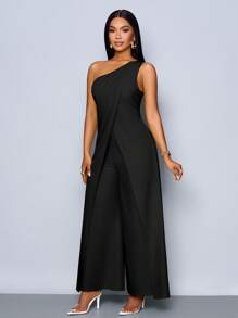 SOLERSUN Women's Spring Summer Fashionable Daily One Shoulder Sleeveless Slit Wide Leg Jumpsuit - Black - View 4