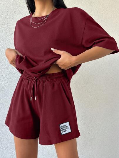 SHEIN 100%Cotton Petite Size Women Solid Color T-Shirt & Embroidery Detailed Shorts