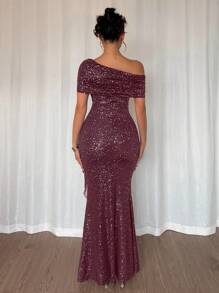 Chiquease 露肩拼接设计优雅雪纺鱼尾下摆连衣裙 - 酒紅色 - 查看 2