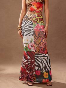 Hauture Summer Fashionable Animal Print & Tropical Pattern Patchwork Fitted Mermaid Skirt - Multicolor - View 3