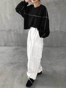 FRIFUL Women's Gray Loose Short Crew Neck T-Shirt With Contrast Trim, Spring,Fall Clothes Preppy Tops Long Sleeve Women Tops - Black - View 2