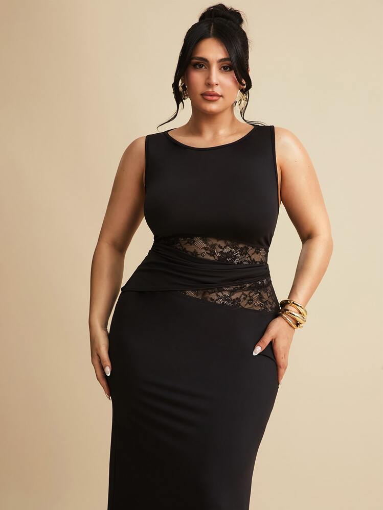 SHEIN BAE Plus Size Women Black Elegant Lace Insert Silk Dress/Music Festival/Beach Holiday/Wedding Party Dress,Birthday Dresses For Women