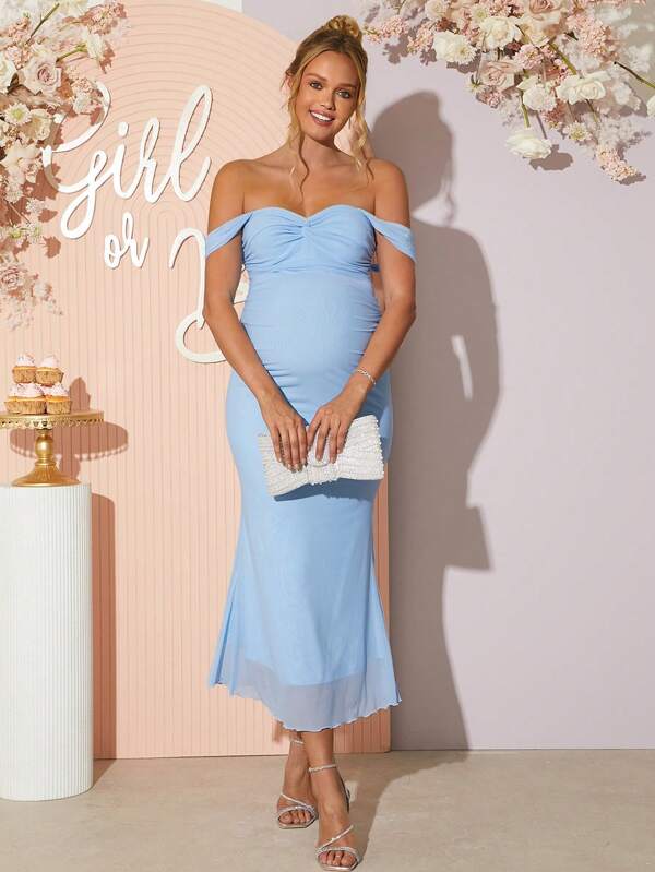 Loomaby Pregnant Women Solid Color Pleated Off-Shoulder Fitted Elegant Dress,Gender Reveal Dress,Baby Shower Dress,Maternity Dress