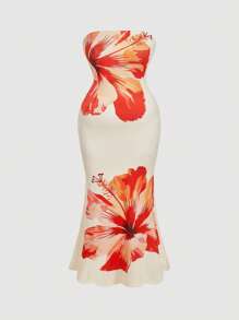 SHEIN MOD Plus Size Apricot Romantic Elegant Floral Halter Mermaid Dress,Beach Dress Sundress,Holiday Outfits Boho