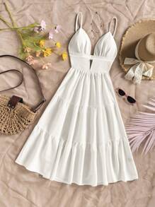 Soleia Women Vacation Solid Color Ruffle Hem Casual Spaghetti Strap Mid-Length Dress,Bohemia - White - View 5