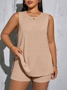 SHEIN Essnce 大码女装夏季套装，女士露肩上衣和骑行短裤，工作服，女士健身房新款时尚休闲通勤运动家居舒适教师服装，女士杏色无袖开叉T恤和口袋短裤两件套，休闲西装，夏季两件套，女士短裤套装，夏季套装，