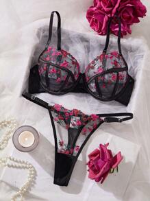 2pcs Women's Sexy Black & Red Embroidery Lingerie Set - Multicolor - View 5