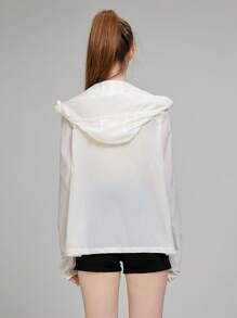 Women's Solid Color Long Sleeve Zipper Collar Hooded Sports Jacket - White - View 2