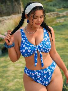 Swim Vcay 2pcs/Set Plus Size Women Blue Ditsy Floral Cute Knotted Halter Split Bikini Set Swimwear, Casual Beachwear For Summer Beach Vacation - Blue - View 5
