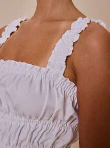 MUSERA Wide Strap Square Neckline Smocked Ruched Crop To Only Spring Summer Vacation Cute Elegant Sweet Escape Girly Beach Festival Western - White - View 5