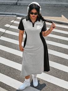 Muchica Plus Size Casual High-Low Contrast Color Pullover Dress - Grey - View 1