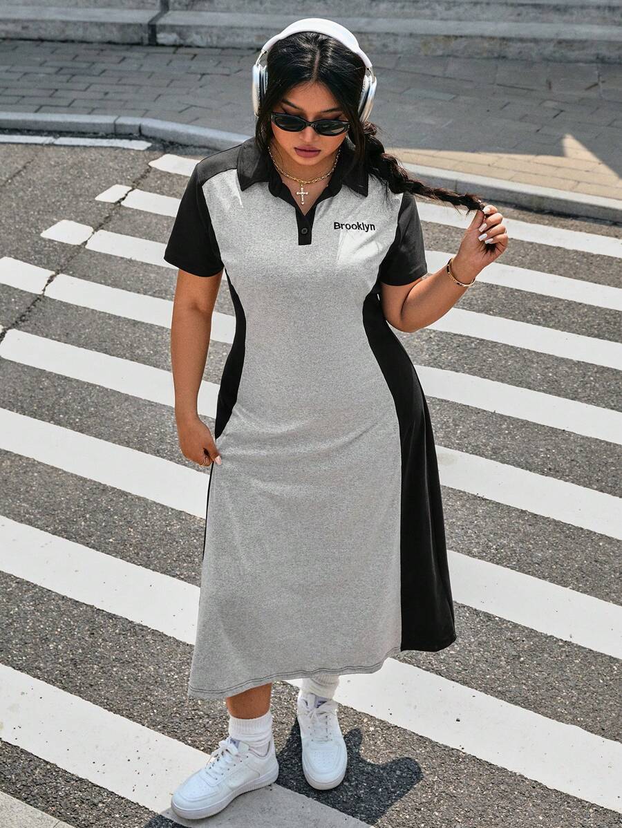 Muchica Plus Size Casual High-Low Contrast Color Pullover Dress - Grey - View 1