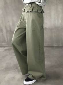 FRIFUL Pantalones anchos de primavera/verano para mujer con cinturilla de volantes y patchwork 2 en 1 - Verde militar - Ver 7
