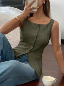 Siren Gaze Áo hai dây màu trơn đơn giản mùa hè cho nữ cài nút phía trước - Màu xanh Ô liu - Xem 4