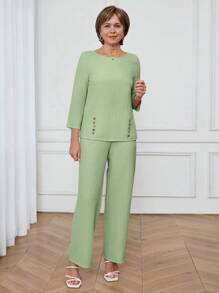 Miaspire Women's Casual Commuting Solid Color Shirt And Pants 2 Pieces Set