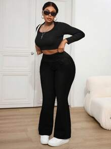 Dripcurv Plus Size Sexy Skinny Stretch Flare Leg Jeans, Blue, Fall Women Clothes - Black - View 5