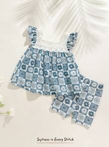 Cozy Pixies 2pcs/Set Baby Girl Floral Print Square Neck Ruffled Cap Sleeve Pullover Top And Elastic Waist Shorts Set - Multicolor - View 6